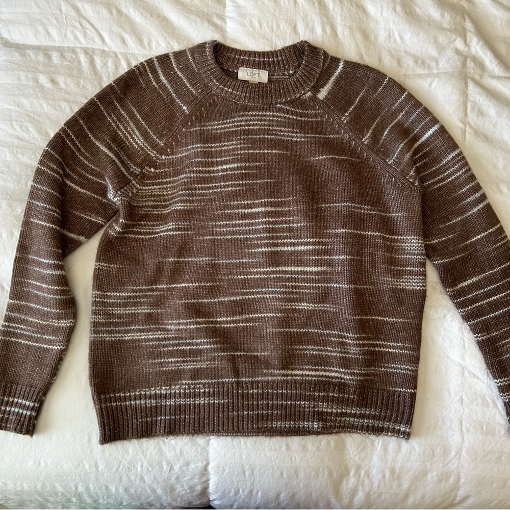 LOFT Women’s Brown with Cream and Blue Striped Crewneck Sweater